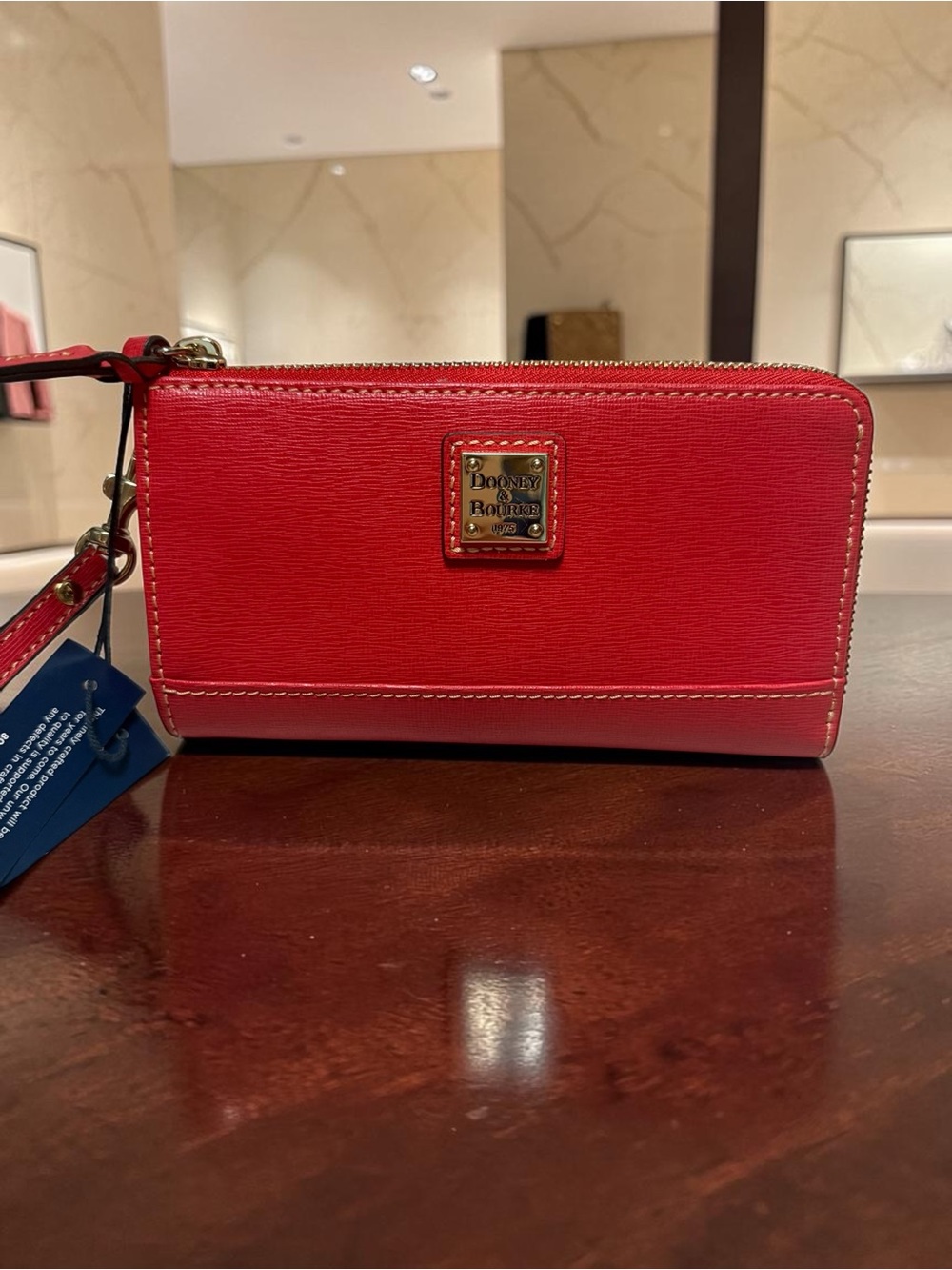 NWT Dooney & Bourke Red Saffiano Zip Leather Wristlet with Gold Logo